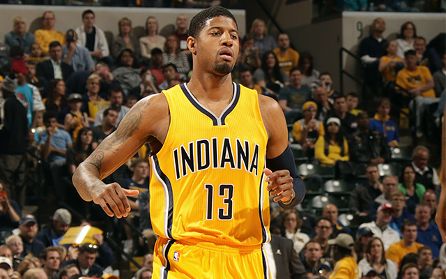 INDIANAPOLIS - APRIL 5: Paul George #13 of the Indiana Pacers runs down the court during a game against the Miami Heat at Bankers Life Fieldhouse on April 5, 2015 in Indianapolis, Indiana. NOTE TO USER: User expressly acknowledges and agrees that, by downloading and or using this Photograph, user is consenting to the terms and condition of the Getty Images License Agreement. Mandatory Copyright Notice: 2015 NBAE (Photo by Ron Hoskins/NBAE via Getty Images)